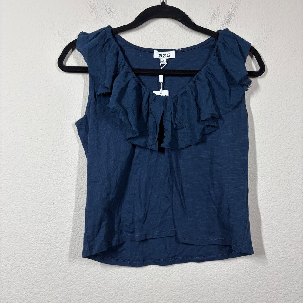 525 America Large Y2K Ruffle Tank Blouse Midnight Navy Cotton V Neck Sleeveless